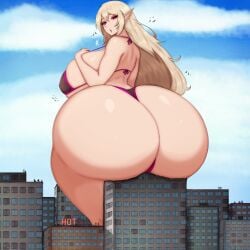 breasts commission crimson_eyes destruction elf exibitionism female giantess huge_breasts hyper_ass swimsuit tiny_people triveling