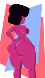 alien americananomaly_(artist) apron ass big_breasts big_butt breasts crystal_gem female garnet_(steven_universe) gem_(species) gem_fusion hair hi_res huge_butt humanoid looking_at_viewer looking_back mammal nipples nude red_skin short_hair simple_background smile solo steven_universe thick_thighs voluptuous wide_hips