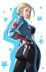 absurdres artist_name ass black_gloves black_leggings black_sports_bra blonde_hair blue_eyes blue_jacket breasts cammy_white commentary cowboy_shot drop_shadow female fingerless_gloves from_behind gloves hair_behind_ear hand_on_own_hip highres jacket leggings looking_at_viewer looking_back medium_breasts midriff open_clothes open_jacket pants parted_lips pink_lips profile seveninks short_hair solo sports_bra star_(symbol) street_fighter street_fighter_6 twitter_username yoga_pants