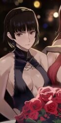 black_bra black_dress black_gloves bra breasts brown_hair cleavage cropped dress earrings female finger_to_mouth glove j@ck long_hair makoto_niijima persona persona_5 red_eyes small_breasts