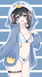 :d ahoge bangs bikini black_hair blue_eyes blush bow bow_bra bow_panties breasts cowboy_shot cropped_legs diagonal_stripes eyebrows_visible_through_hair female front-tie_top hair_ornament heart hood jacket lilnoot_(vtuber) long_sleeves looking_at_viewer navel open_mouth panties small_breasts smile solo standing star_(symbol) striped striped_background striped_bikini swimsuit symbol-shaped_pupils thigh_strap underwear vertical_stripes virtual_youtuber