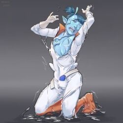 1boy alien antennae antennae_(anatomy) astronaut blue_skin bondage bulge crying encasement femboy gloves goo_creature goop hierogreen liquid_latex living_latex male nipple_play nipples noncon nonconsensual on_knees open_clothes original_character restrained slime spacesuit strangling struggling tears twink