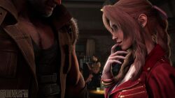 3d aerith_gainsborough bar barret_wallace biting_finger cloud_strife cuckold cuckolding dovasfm eye_contact final_fantasy final_fantasy_vii final_fantasy_vii_remake imminent_cheating imminent_sex tifa_lockhart