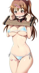 ball_gag bikini blush bondage bound breasts chuunibyou_demo_koi_ga_shitai! collar crotch_rope female gag gagged nibutani_shinka pillory pussy_juice rope_walking shin'ya_(shin'yanchi) simple_background solo striped striped_bikini striped_swimsuit swimsuit underboob white_background