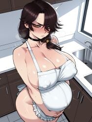 11_22 ai_generated angry annoyed apron big_breasts black_choker blush choker cinder_fall cleavage comic covered_nipples embarrassed from_above glaring half-closed_eyes hands_on_own_stomach heavy_breathing huge_breasts kitchen large_breasts looking_at_viewer motion_lines naked_apron pregnant rwby sweat twitching