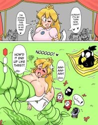 arm_gloves beanstalk before_and_after big_breasts blue_eyes blush breasts comic crown crying defeat defeated defeated_heroine earrings embarrassed embarrassed_nude_female enf english_text feet female female_focus gloves holding_object instant_loss instant_loss_2koma light-skinned_female light_skin luigi male mario mario_(series) ninji_(mario) onomatopoeia pidgit princess princess_peach ripped_clothing ripped_gloves ripped_stockings shy_guy smile snifit speech speech_bubble stockings sugar_(pixiv8897706) super_mario_bros._2 taking_picture tears text toad_(mario) translated wink yellow_hair