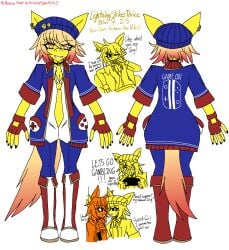 2025 airiin220 beanie beanie_hat breasts choker cleavage clothing cyberairiin_(airiin220) female female_only furry furry_only horse horse_race_test horse_race_tests horse_tail jacket jovial_merryment lightning_strikes_thrice orange_eyes pants piercings pins reference_sheet sfw short_hair short_hair_female tomboy yellow_body yellow_fur yuri