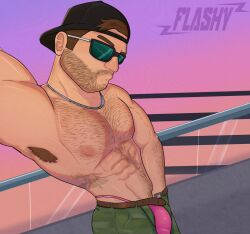 backwards_baseball_cap beard flashy422 grand_theft_auto grand_theft_auto_vi hairy hairy_armpits hairy_chest hairy_male jason_duval jason_duval_(gta_vi) muscular muscular_male sunglasses thong