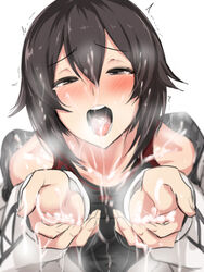 bare_shoulders black_hair blush breasts breath bukkake cum cum_in_mouth cum_on_body cum_on_breasts cum_on_clothes cum_on_hair cum_on_tongue cum_on_upper_body facial female hayasui_(kantai_collection) jacket kantai_collection long_sleeves looking_at_viewer open_clothes open_jacket open_mouth outstretched_arms penis short_hair smile solo tank_top track_jacket trembling ulrich_(tagaragakuin)