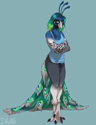 1boy 2015 anthro avian balls beak bird black_penis blue_background blue_eyes blue_feathers bottomless clothed clothing crossed_arms dbd_(artist) feathers flaccid green_feathers hair half-dressed male male_only multicolored_hair peafowl penis simple_background solo standing talons