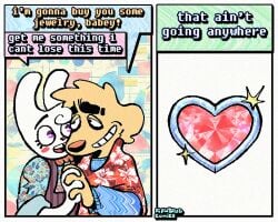 2_panel_comic 5:4 abstract_background aloha_shirt anal anal_sex anthro artist_name bingus_(rawdawgcomics) blush blush_stickers bow_tie buttplug buttplug_in_ass buttplug_insertion canid canine canis clothing comic dialogue digital_media_(artwork) domestic_dog duo english_text eye_contact eyelashes fur gem grin hand_holding jewel_buttplug lagomorph leporid looking_at_another male male/male mammal object_in_ass open_mouth open_smile overalls pattern_clothing pattern_shirt pattern_topwear penetration plug_(sex_toy) plug_insertion purple_eyes rabbit rawdawgcomics rawdawgcomics_(series) sex_toy sex_toy_in_ass sex_toy_insertion shirt smile stahli_(rawdawgcomics) teeth text tooth_gap topwear white_body white_fur yellow_body yellow_fur