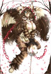 anthro areola breasts brown_fur brown_hair chains clothed clothing feline female fur hair half-dressed hi_res inner_ear_fluff looking_at_viewer mammal myett-wrath necklace nipples panties panties_down pussy simple_background smile solo standing tongue tongue_out topless underwear