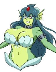 1girls 2d 2d_(artwork) angry angry_expression angry_face bare_shoulders breasts collar curvy curvy_body curvy_female curvy_figure dark_blue_hair digital_media_(artwork) feline female fins fish fish_girl giga_mermaid gills green_body green_skin hips long_hair looking_at_viewer metal_collar momiji_(artist) navel red_eyes red_jewel shantae shantae:_half-genie_hero shell_bikini shell_bra solo solo_female solo_focus teeth teeth_showing two_tone_body two_tone_skin white_background