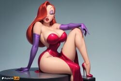 1girls ai_generated arm_support artist_name bare_shoulders breasts cleavage cocktail_dress curvy dress earrings elbow_gloves eyeshadow female gloves green_eyes grey_background hair_over_one_eye hi_res high_heels jessica_rabbit jewelry knee_up large_breasts lipstick long_hair looking_at_viewer makeup open_mouth panties patreon_logo patreon_username purple_eyeshadow purple_gloves red_dress red_footwear red_hair red_lips rule34lab side_slit sitting solo strapless strapless_dress thighs underwear who_framed_roger_rabbit