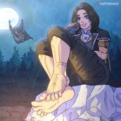 1:1_aspect_ratio 1boy 2d arm_tattoo artsens8 barefoot black_hair brown_eyes brown_gloves brown_hair clair_obscur:_expedition_33 clothing feet female foot_focus forest full_moon gloves high_resolution jewelry large_filesize lips long_hair looking_at_viewer lune_(clair_obscur:_expedition_33) male medium_hair moon nature necklace night night_sky outdoors pants rock sitting sky smile soles solo star_(sky) starry_sky tattoo toes tree