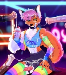 aliset animal_genitalia animal_penis anthro bitch bodily_fluids bondage_gear canid canine collar cum cum_on_face cumshot ejaculation equid equine equine_genitalia equine_penis femboy fox genital_fluids genitals hi_res horse male male/male mammal penis solo