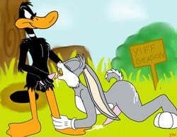 after_orgasm after_sex ass avian balls beak bird black_feathers bugs_bunny closed_eyes cum cum_in_mouth cum_inside cum_on_ass cum_on_ground cum_on_tongue daffy_duck duck duck_feet duo erection gay gloves grass grey_fur holding_ankle holding_penis lagomorph looking_down looney_tunes male mammal open_mouth oral orange_legs outdoors penis rabbit sign soft_feathers standing teeth tongue tongue_out tree warner_brothers white_fur yaoi yaoiworld_(artist)