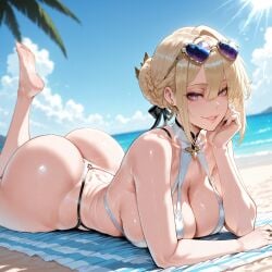 1girls ai_generated ass bangs bare_arms bare_shoulders barefoot beach beach_towel bikini black_ribbon blonde_hair blue_sky blush braid breasts clavicle cleavage clothing cloud curvaceous curvaceous_female curvaceous_figure curvy curvy_figure day earrings evelyn_chevalier eyewear eyewear_on_head feet feet_up female female female_focus female_only hair_between_eyes hair_bun hair_ornament hair_ribbon halterneck head_rest heart heart-shaped_eyewear hoyoverse inviting inviting_to_sex jewelry large_breasts legs lips looking_at_viewer lying miyuai mole mole_on_breast mole_under_eye nail_polish ocean on_back on_side on_stomach outdoors palm_tree parted_lips presenting presenting_ass presenting_breasts presenting_hindquarters presenting_self purple-tinted_eyewear purple_eyes ribbon ring sand seductive seductive_look seductive_smile shiny_skin sky smile soles solo sunglasses sunlight swimsuit the_pose thighs thong thong_bikini toes towel tree voluptuous voluptuous_female water wet white_bikini white_swimsuit zenless_zone_zero