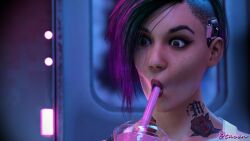 1girls 3d 3d_(artwork) 3d_render artist_name artist_signature asymmetrical_hair black_hair breasts bubble_tea cd_projekt_red clothing cup cyberpunk cyberpunk_2077 disposable_cup drinking drinking_straw drinking_straw_in_mouth female female female_focus female_only freckles judy_alvarez landscape lips lipstick makeup mascara mohawk multicolored_hair neck_tattoo nose oral otacon212 piercing pink_hair short_hair sidecut signature solo solo_female solo_focus tattoo tongue tongue_out two-tone_hair undercut watermark