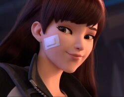 bandaid brown_eyes brown_hair d.va jacket official_animation overwatch overwatch_2 smiling solo white_body