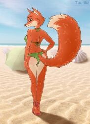 anthro ass beach bikini bottomwear butt_focus canid canine clothed clothing digital_media_(artwork) disney female fingers fox full-length_portrait fur furry green_eyes hi_res mammal mtf_crossgender nick_wilde nipple_outline orange_body orange_fur portrait raised_tail red_fox rule_63 sand seaside slim solo standing swimwear tail taurika topwear true_fox zootopia