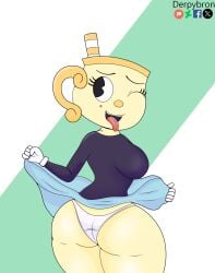 1girls big_ass casual clothed cuphead:_the_delicious_last_course cuphead_(game) female female_only looking_at_viewer looking_back ms._chalice panties sexy sexy_body sexy_pose skirt_lift smile thong tongue_out video_game_character video_games white_panties white_thong wink yellow_body