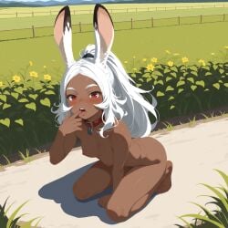1girls ai_generated animal_collar animal_ear_fluff animal_ears barefoot bereft blush breasts bunny_ears bunny_girl collar completely_nude dark-skinned_female dark_skin day feet female fence field final_fantasy final_fantasy_xii final_fantasy_xiv finger_in_mouth flower fran fran_(ffxii) full_body grass hand_between_legs hand_up kneeling leaning_forward licking long_hair looking_at_viewer naked nipples nude open_mouth outdoors pet_collar ponytail rabbit_ears rabbit_girl red_eyes saliva solo solo_female stable_diffusion thighs tongue tongue_out viera white_hair wooden_fence