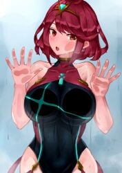 1girls against_glass bare_shoulders black_one-piece_swimsuit blush bob_cut breast_press breasts breasts_on_glass cheek_on_glass chest_jewel collarbone commentary_request competition_swimsuit condensation core_crystal_(xenoblade) covered_navel cowboy_shot female flipped_bangs hand_on_glass headpiece highres large_breasts looking_at_viewer neon_trim official_alternate_costume one-piece_swimsuit oniisan02b open_mouth pyra pyra_(pro_swimmer)_(xenoblade) red_eyes red_hair red_one-piece_swimsuit short_hair solo steam swept_bangs swimsuit tiara two-tone_swimsuit wet wet_clothes wet_swimsuit window_fog xenoblade_(series) xenoblade_chronicles_2 yotsuhauni