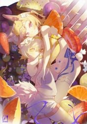 animal_ears bare_shoulders blonde_hair blue_eyes brother_and_sister flower fruit hair_ornament laimu looking_at_viewer lying on_back on_side purple_eyes ribbon short_hair smile tail thighhighs twins vyugen yellow_eyes yenko