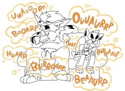 annoyed annoyed_expression anthro arcanine armpit_tuft barefoot burp burping chest_tuft fangs fluffy gas gassy hands_on_knees head_tuft houndour jeans kibblekritterz_(artist) larger_male male neck_tuft oerba_yun_fang open_mouth pokemon size_difference smaller_male sweatpants t-shirt tank_top wide_eyed
