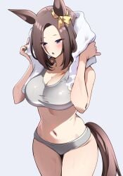 after_bath after_shower air_groove_(umamusume) big_breasts blue_eyes blush bra brown_hair cleavage drying_hair female female_only grey_bra grey_panties hair_ribbon horse_ears horse_girl horse_tail medium_hair panties solo sports_bra towel towel_around_neck towel_on_head umamusume umamusume_pretty_derby wide_hips