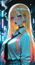 1girls ai_generated black_lips black_lipstick blonde_female blonde_hair choker cigarette ear_piercing earings female kitagawa_marin marin_kitagawa my_dress_up_darling red_eyes school_uniform smoking sono_bisque_doll_wa_koi_wo_suru