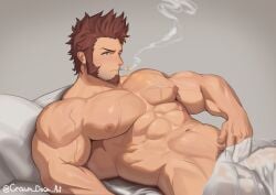 1boy abs bara blue_eyes brown_hair cigarette crawndown cross_scar facial_hair fate/grand_order fate_(series) goatee highres large_pectorals long_sideburns lying male male_focus male_only muscular muscular_male napoleon_bonaparte_(fate) navel nipples on_back pectorals scar scar_on_chest short_hair sideburns simple_background smoking solo twitter_username veins veiny_arms