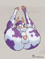 3:4 absurd_res anthro anus areola artist_logo artist_name ass balls big_breasts big_butt bovid bovine breasts cattle cinnabon_buns genitals grey_background gynomorph hands_on_legs hi_res hooves horn intersex leg_grab legs_up logo lying mammal nipples on_back penis presenting puffy_anus purple_body signature simple_background smile smirk solo text white_body