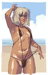 1girls armpit artist_upload balls beach bikini blonde_hair blush bridget green_eyes guilty_gear_strive lotion micro_bikini oiled oiled_skin shiny_skin simple_background smile solo solo_female sprluminous tan_body tanline thighs trans_woman transfem