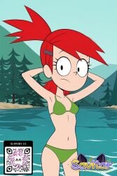 ai_generated armpits arms_behind_head arms_up bangssavitar bikini black_eyes breasts clothing day female female foster's_home_for_imaginary_friends frankie_foster frown green_bikini hair_ornament hairclip littlehentai looking_at_viewer mountain navel outdoors ponytail red_hair savitar_(artist) small_breasts solo standing swimsuit tree water
