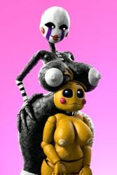2girls 3d 3d_(artwork) animatronic animatronic_female beakless behind_view bird black black_body body breasts breasts_bigger_than_head breasts_on_head chicken eyes female five_nights_at_freddy's five_nights_at_freddy's_2 fnaf fnaf_2 galliform girl glowing machine marionette_(fnaf) nipples nude nude_female phasianid puppet_(fnaf) robot sclera scottgames size_difference smile source_filmmaker_(artwork) toy_chica toy_chica_(fnaf) toy_chica_(love_taste) yellow
