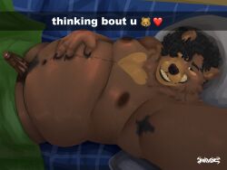 anthro bear bedroom caption_box curly_hair foreskin furry genitals hair havhavoc heart_(marking) humanoid_genitalia male mammal markings overweight penis pubes solo taking_picture taking_selfie xaven_(justxaven)