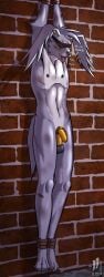 abuse anthro ball_stretcher band-aid bandage bandai_namco blood bodily_fluids bound bruised chastity_cage chastity_device digimon digimon_(species) ear_piercing feet_tied gazimon hands_tied hi_res iudicium86 lean_body male nipple_piercing nipples piercing slim solo sweat whip_mark