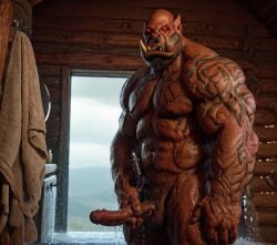 3d ai_generated bara big_muscle big_penis erection huge_cock male muscular_male orc orc_male orced penis red_skin