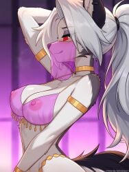 2025 absurd_res anthro areola biped blurred_background breasts canid canid_demon canine demon digital_media_(artwork) eyebrows eyelashes female hair hellhound helluva_boss hi_res looking_at_viewer loona_(helluva_boss) mammal mythological_canine mythological_creature mythology nipples solo text twistedscarlett60 url