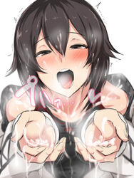 bare_shoulders black_hair blush breasts breath bukkake cum cum_on_body cum_on_breasts cum_on_clothes cum_on_hair cum_on_upper_body facial female hayasui_(kantai_collection) jacket kantai_collection long_sleeves looking_at_viewer open_clothes open_jacket open_mouth outstretched_arms penis short_hair silver_eyes smile solo tank_top tongue track_jacket trembling ulrich_(tagaragakuin)