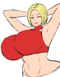 2d 2d_(artwork) blonde_hair blue_mary breasts_bigger_than_head curvy curvy_body curvy_female curvy_figure digital_drawing_(artwork) digital_media_(artwork) fit fit_female hands_behind_head human human_female king_of_fighters king_of_fighters_xv large_breasts light-skinned_female looking_at_viewer looking_pleasured momiji_(artist) one_eye_closed red_lips red_shirt short_hair smile smiling smiling_at_viewer wink winking winking_at_viewer