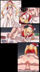 1boy absurdres all_fours artist_request ass baseball_club_mob_(draco) blonde_hair blush breasts capelet commission cowgirl_position doggy_style erection female finger_in_another's_mouth hat highres long_hair lying medium_breasts nipples on_back one_eye_closed original panties penis red_capelet red_eyes red_hat santa_hat second-party_source sex straight striped_clothes striped_panties uncensored underwear vaginal_penetration very_long_hair
