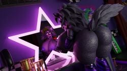 3d 4k animatronic anthro areolae azul_uwu big_ass big_breasts big_butt breasts female five_nights_at_freddy's five_nights_at_freddy's:_security_breach fnaf grey_body hi_res holding_breast looking_at_self mirror mirror_reflection nipple_piercing nipples roxanne_wolf_(fnaf) scottgames solo tail wolf_girl