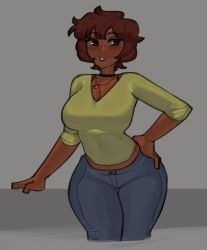 1girls 2020s 2025 2025s amulet auburn_hair big_breasts black_choker blush_lines breasts brown_hair choker cleavage color colored curvaceous curves curvy_female curvy_figure curvy_hips digital_drawing_(artwork) digital_media_(artwork) eyebrows_visible_through_hair full_figured fully_clothed gray_background green_shirt grey_background hand_on_hip hips hourglass_figure hourglass_figured_female jeans jpeg looking_away midriff mommy necklace neutral_expression no_background oc original_character rayschera sandy_(rayschera) shirt short_hair simple_background slim_waist solo solo_female solo_focus tan-skinned_female tan_body tan_skin thick_thighs thighs twitter_link voluptuous voluptuous_female wide_hips