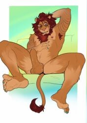 anthro armpit_hair balls bodily_fluids body_hair claws dripping erection eyewear feet felid fur genital_fluids genitals glasses hi_res humanoid_genitalia lion male mammal mane markings nipples nude nude_anthro nude_male one_eye_closed orange_body orange_fur pantherine penis pink_nose precum precum_drip solo tail taru_psd toe_claws