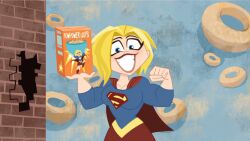 biceps big_breasts blonde_hair blue_eyes breasts dc_super_hero_girls female muscular_arms muscular_female smile smiling supergirl