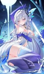 absurdres anus arm_under_breasts armpits ass blush breasts censored chinese_commentary closed_mouth commentary_request dress feet female genshin_impact gradient_thighhighs highres holding holding_sword holding_weapon jndfh large_breasts large_variant_set long_hair looking_at_viewer mosaic_censoring navel night night_sky nipples no_prosthetic_leg no_shoes parted_lips prosthesis prosthetic_arm purple_thighhighs pussy sitting skirk_(genshin_impact) sky solo stomach sword thighhighs variant_set weapon white_dress white_hair yokozuwari