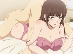 1boy ass bedroom blush bra breasts brown_hair commentary_request domestic_na_kanojo double_strap_slip eufoniuz female furrowed_brow green_eyes highres indoors large_breasts long_hair male on_bed open_mouth paid_reward_available panties pink_bra pink_panties prone_bone revision sex straight subscribestar_logo subscribestar_username tachibana_hina underwear underwear_only